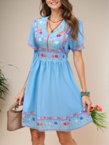 Elegant Blue Bohemian Mexican Print V-Neck Summer Dress Perfect for Seasonal Celebrations Chic, Classy and Trendy Fashion Style to Dress to Impress