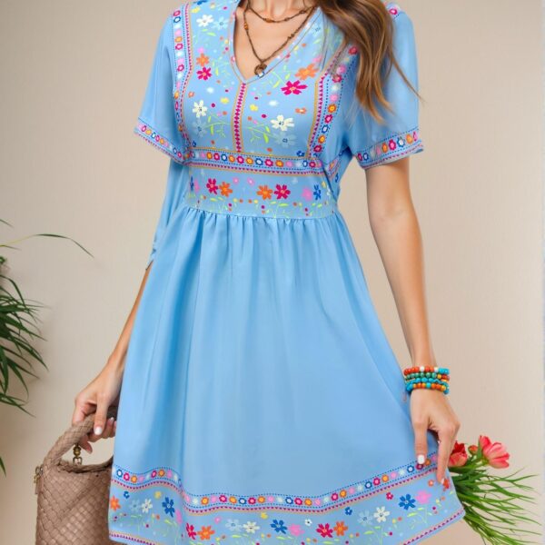 Elegant Blue Bohemian Mexican Print V-Neck Summer Dress Perfect for Seasonal Celebrations Chic, Classy and Trendy Fashion Style to Dress to Impress