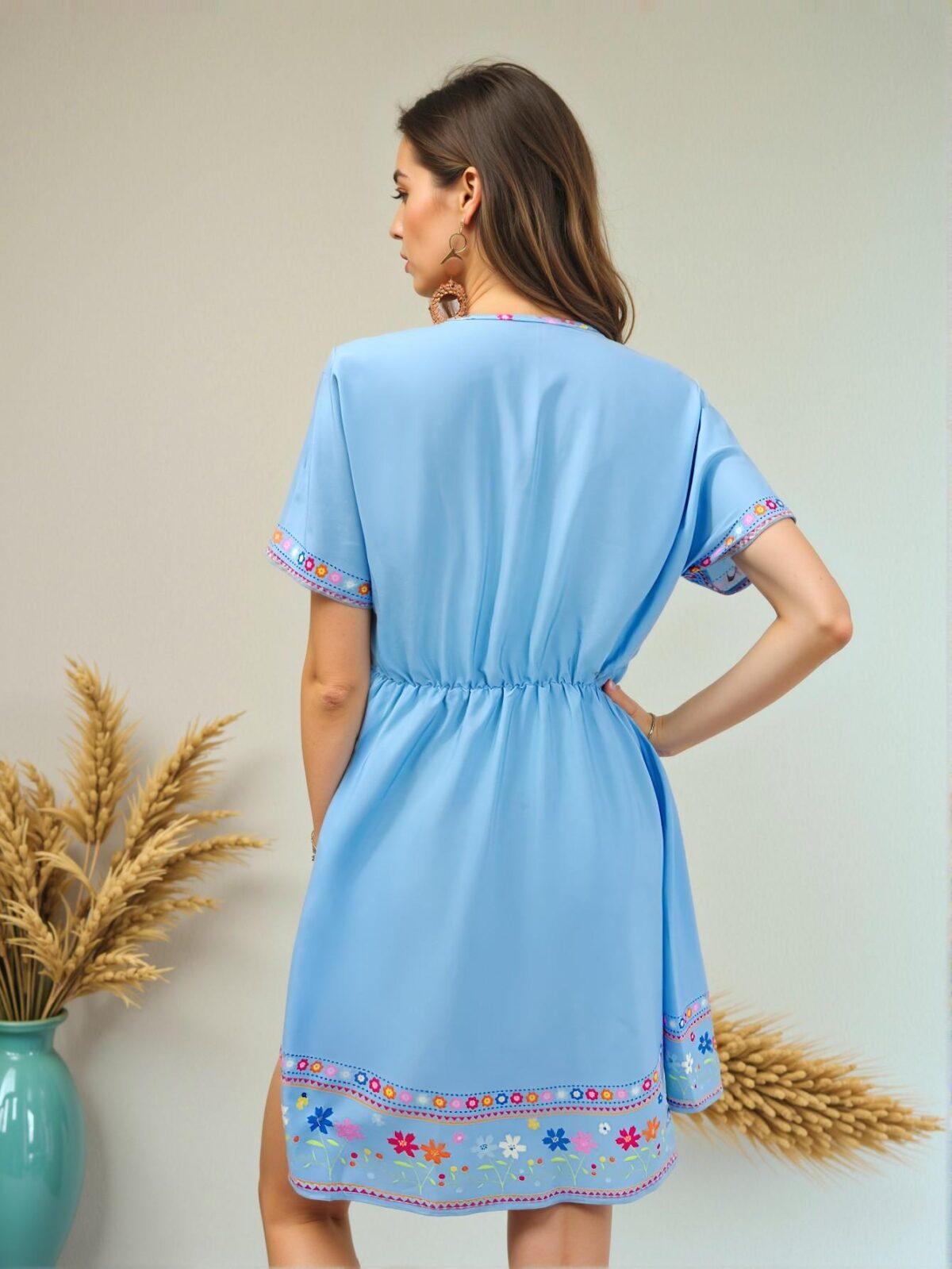 Elegant Blue Bohemian Mexican Print V-Neck Summer Dress Perfect for Seasonal Celebrations Chic, Classy and Trendy Fashion Style to Dress to Impress - Image 2