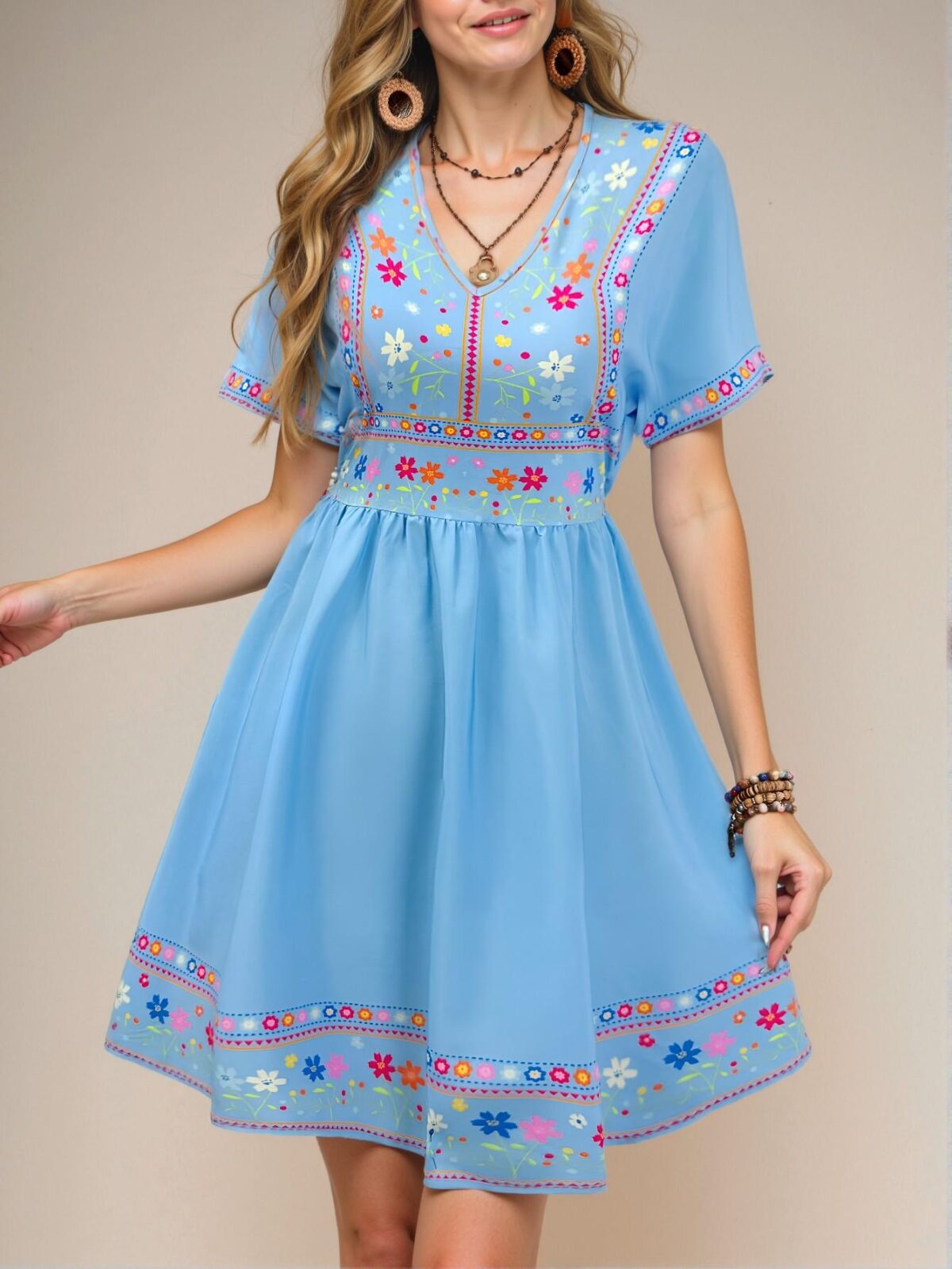 Elegant Blue Bohemian Mexican Print V-Neck Summer Dress Perfect for Seasonal Celebrations Chic, Classy and Trendy Fashion Style to Dress to Impress - Image 3