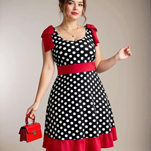 Elegant Multicolor Polka Dot Contrast A-Line Dress with Bowknot and Ruffle Hem - Perfect for Summer Events and Celebrations, Chic, Classy and Trendy Fashion Style to Dress to Impress