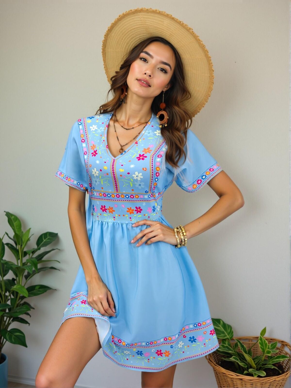 Elegant Blue Bohemian Mexican Print V-Neck Summer Dress Perfect for Seasonal Celebrations Chic, Classy and Trendy Fashion Style to Dress to Impress - Image 5