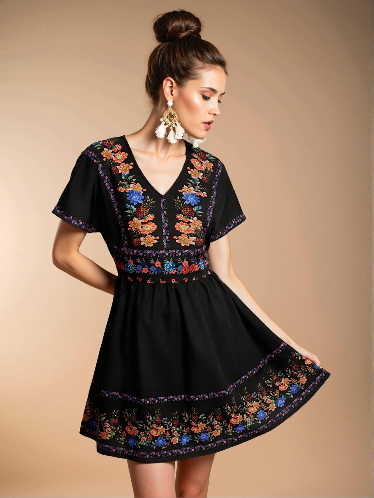 Elegant Multicolor Bohemian-Inspired V-Neck Casual Dress with Flounce Sleeves for Spring and Summer - Chic, Classy and Trendy Fashion Style to Dress to Impress - Image 2