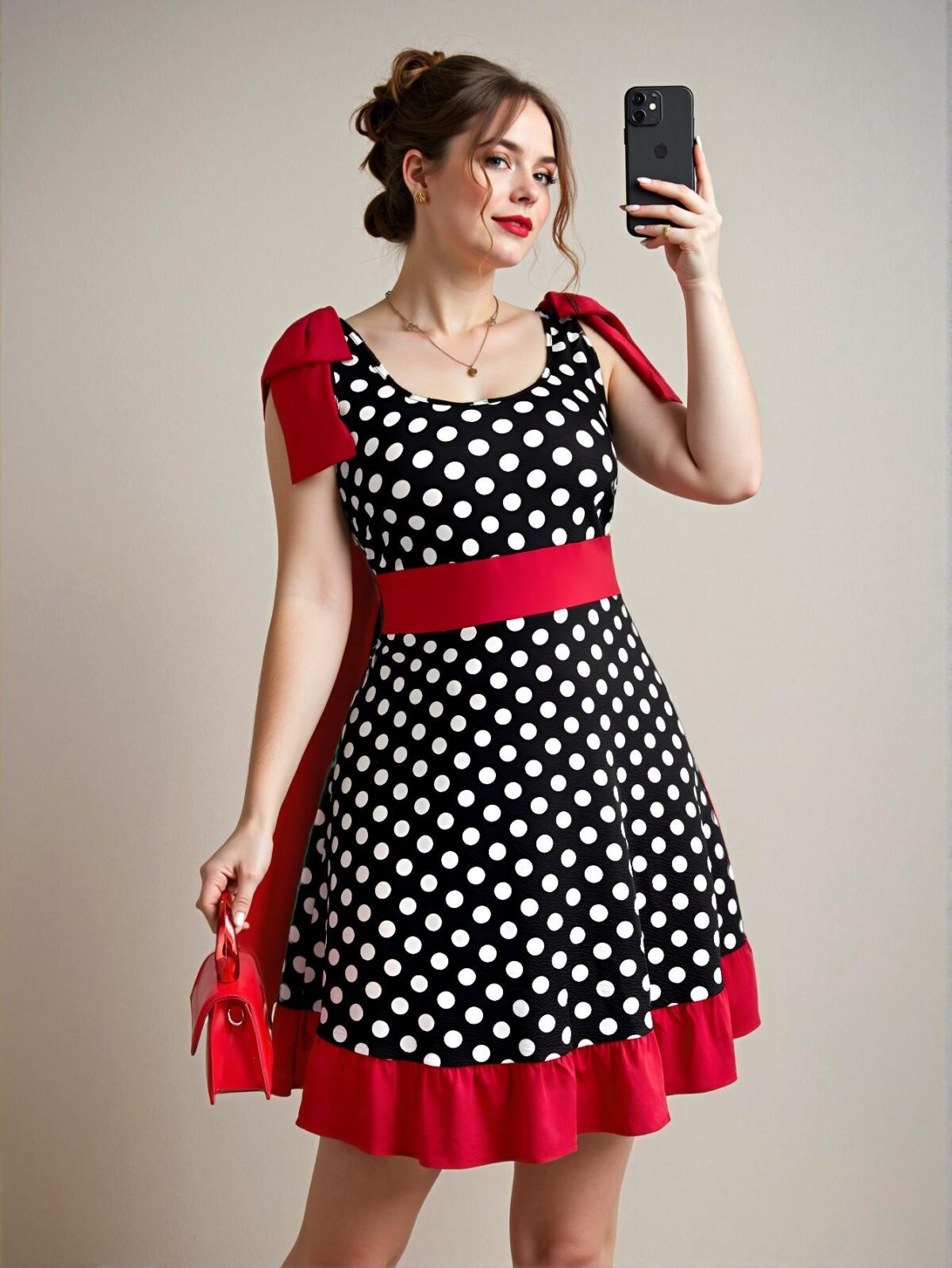 Elegant Multicolor Polka Dot Contrast A-Line Dress with Bowknot and Ruffle Hem - Perfect for Summer Events and Celebrations, Chic, Classy and Trendy Fashion Style to Dress to Impress - Image 3