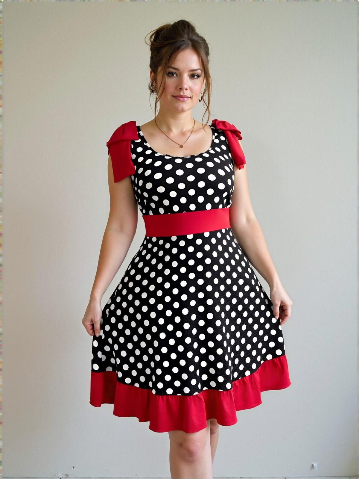 Elegant Multicolor Polka Dot Contrast A-Line Dress with Bowknot and Ruffle Hem - Perfect for Summer Events and Celebrations, Chic, Classy and Trendy Fashion Style to Dress to Impress - Image 5