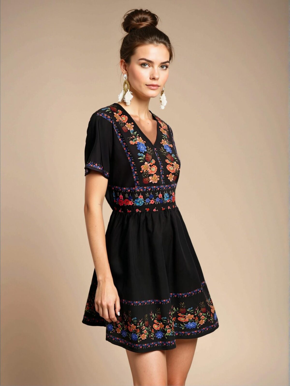Elegant Multicolor Bohemian-Inspired V-Neck Casual Dress with Flounce Sleeves for Spring and Summer - Chic, Classy and Trendy Fashion Style to Dress to Impress - Image 4