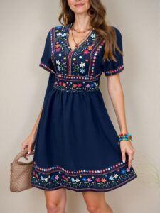 Elegant Navy Blue Bohemian V-Neck Mini Dress with Colorblock and Geometric Print for Casual Spring and Summer Gatherings - Chic, Classy, and Trendy Fashion Style to Dress to Impress