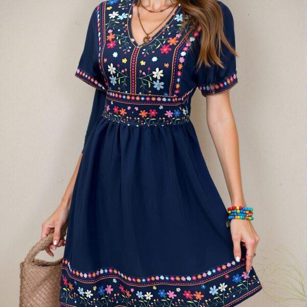 Elegant Navy Blue Bohemian V-Neck Mini Dress with Colorblock and Geometric Print for Casual Spring and Summer Gatherings - Chic, Classy, and Trendy Fashion Style to Dress to Impress