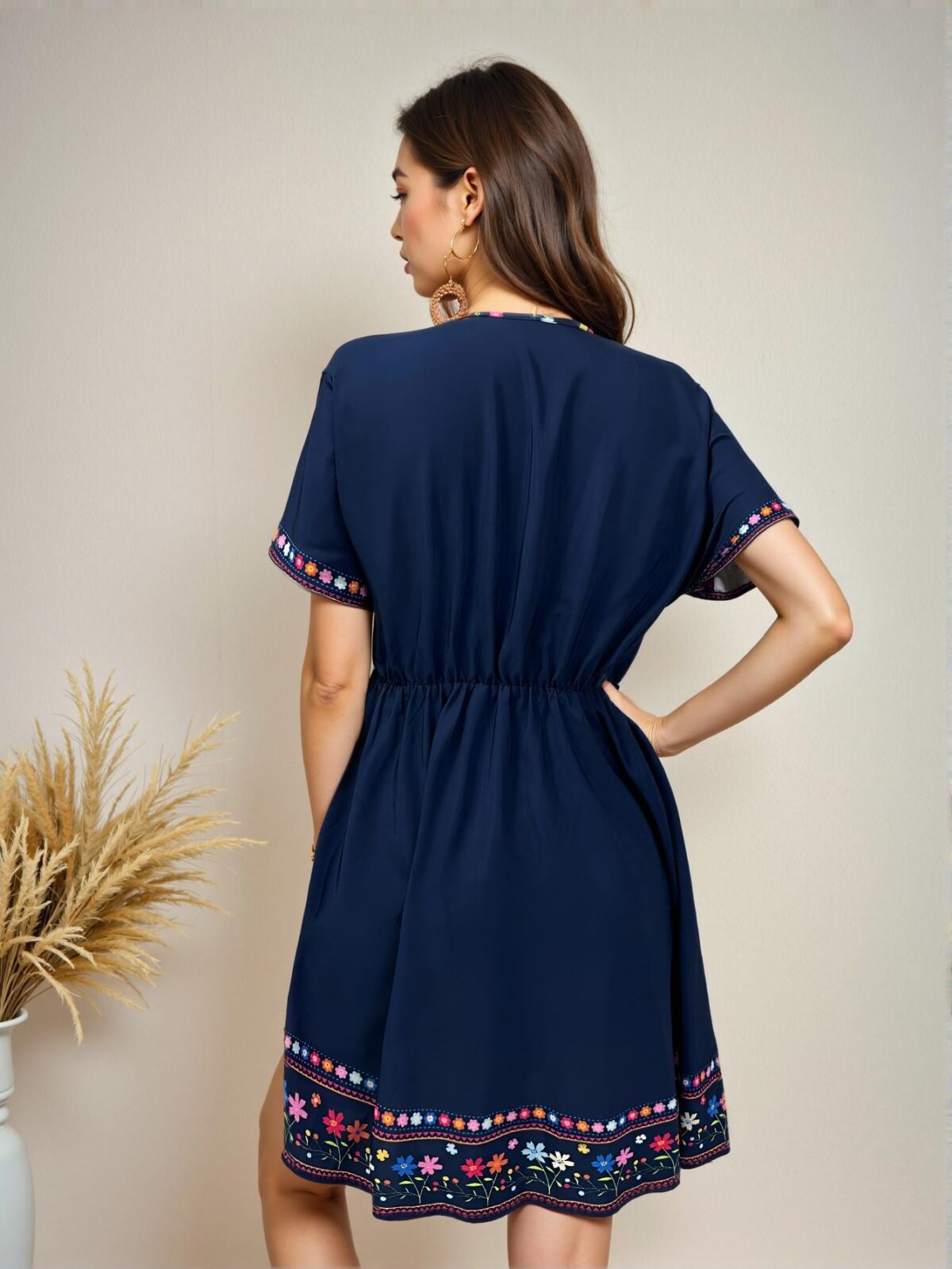 Elegant Navy Blue Bohemian V-Neck Mini Dress with Colorblock and Geometric Print for Casual Spring and Summer Gatherings - Chic, Classy, and Trendy Fashion Style to Dress to Impress - Image 2