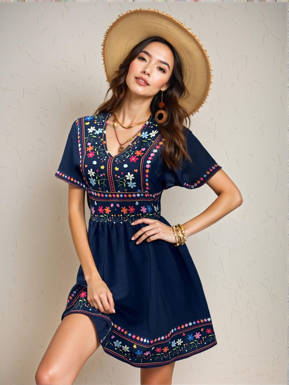Elegant Navy Blue Bohemian V-Neck Mini Dress with Colorblock and Geometric Print for Casual Spring and Summer Gatherings - Chic, Classy, and Trendy Fashion Style to Dress to Impress - Image 3