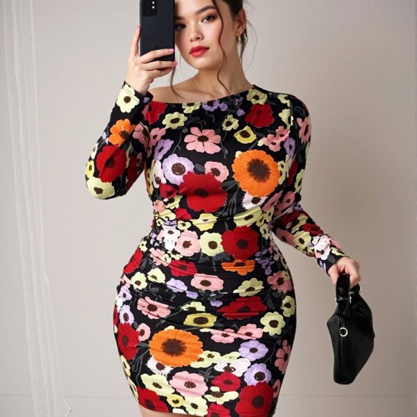 Elegant Black Fitted Waist Slim Mini Dress with Asymmetrical Neck and Floral Print, Perfect for Parties and Banquets - Chic, Classy and Trendy Fashion Style to Dress to Impress