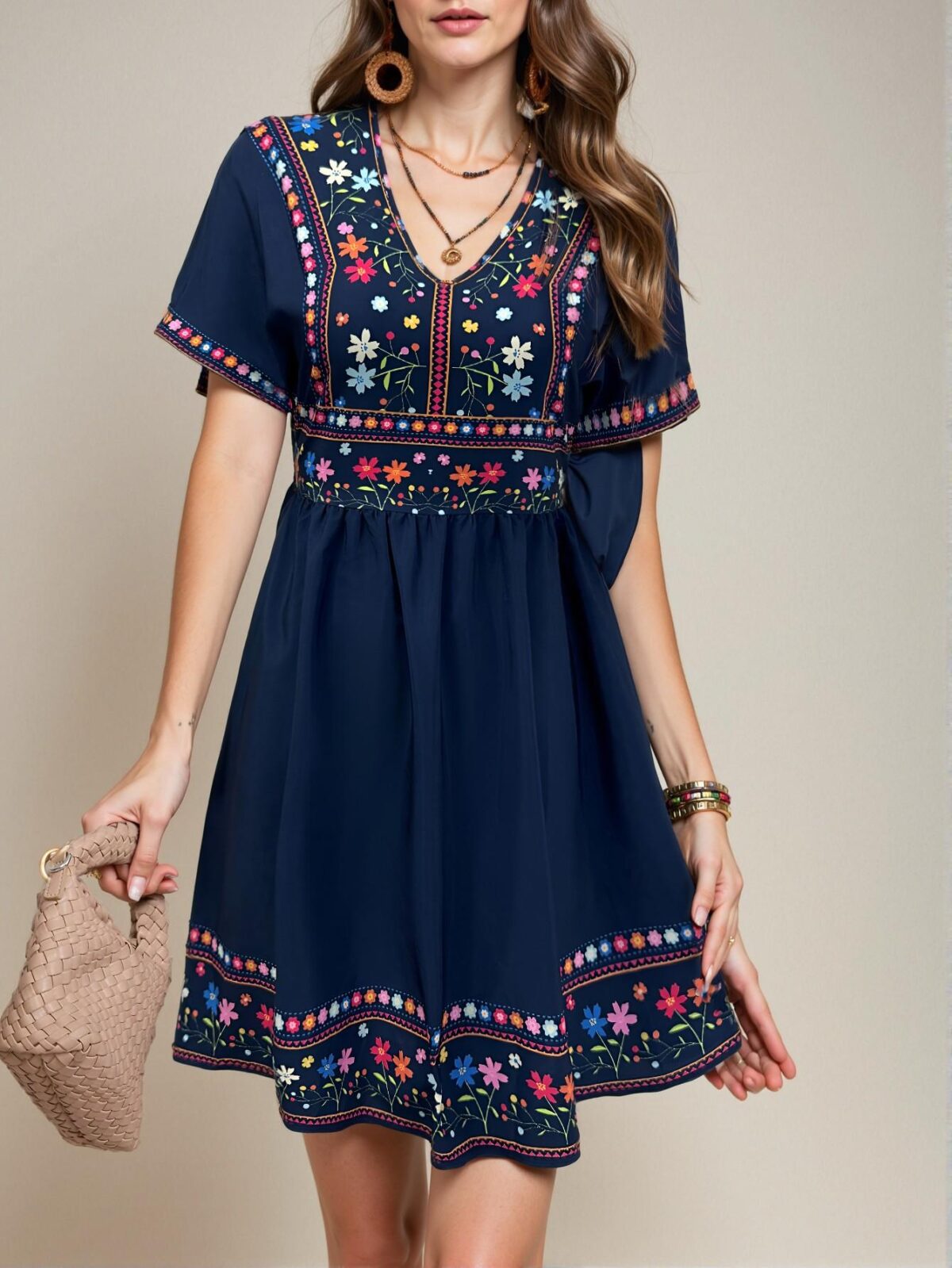 Elegant Navy Blue Bohemian V-Neck Mini Dress with Colorblock and Geometric Print for Casual Spring and Summer Gatherings - Chic, Classy, and Trendy Fashion Style to Dress to Impress - Image 4