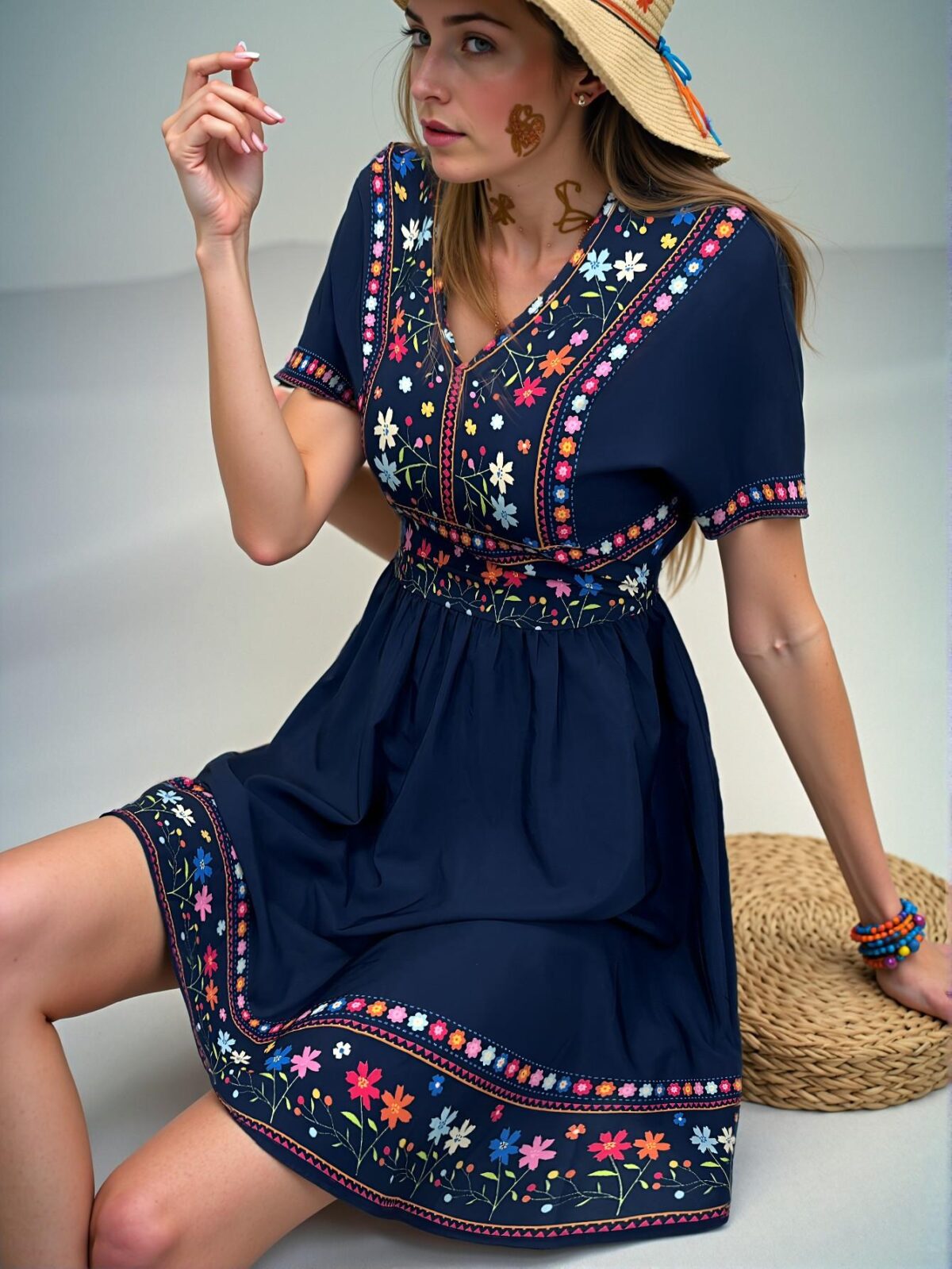 Elegant Navy Blue Bohemian V-Neck Mini Dress with Colorblock and Geometric Print for Casual Spring and Summer Gatherings - Chic, Classy, and Trendy Fashion Style to Dress to Impress - Image 5