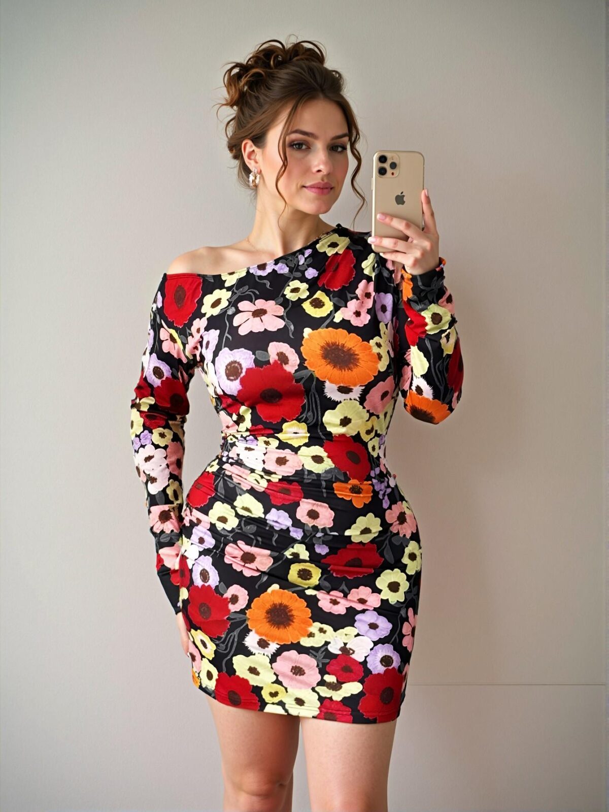 Elegant Black Fitted Waist Slim Mini Dress with Asymmetrical Neck and Floral Print, Perfect for Parties and Banquets - Chic, Classy and Trendy Fashion Style to Dress to Impress - Image 3