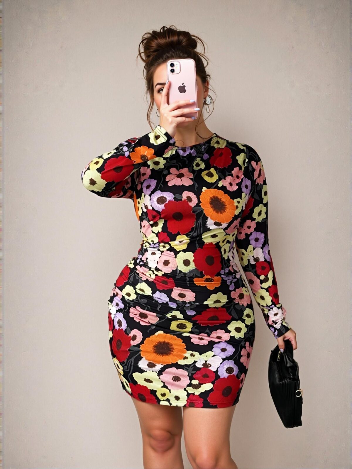 Elegant Black Fitted Waist Slim Mini Dress with Asymmetrical Neck and Floral Print, Perfect for Parties and Banquets - Chic, Classy and Trendy Fashion Style to Dress to Impress - Image 4
