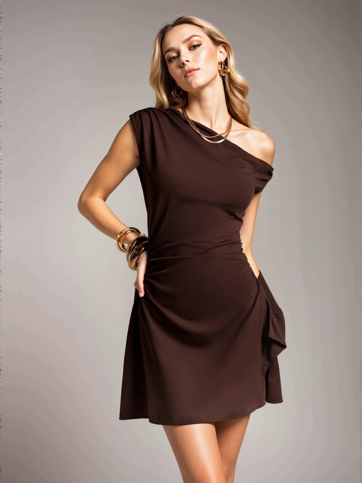 Elegant Brown Asymmetrical A-Line Dress for Beach, Cocktail, and Casual Occasions - Chic, Classy and Trendy Fashion Style to Dress to Impress - Image 4