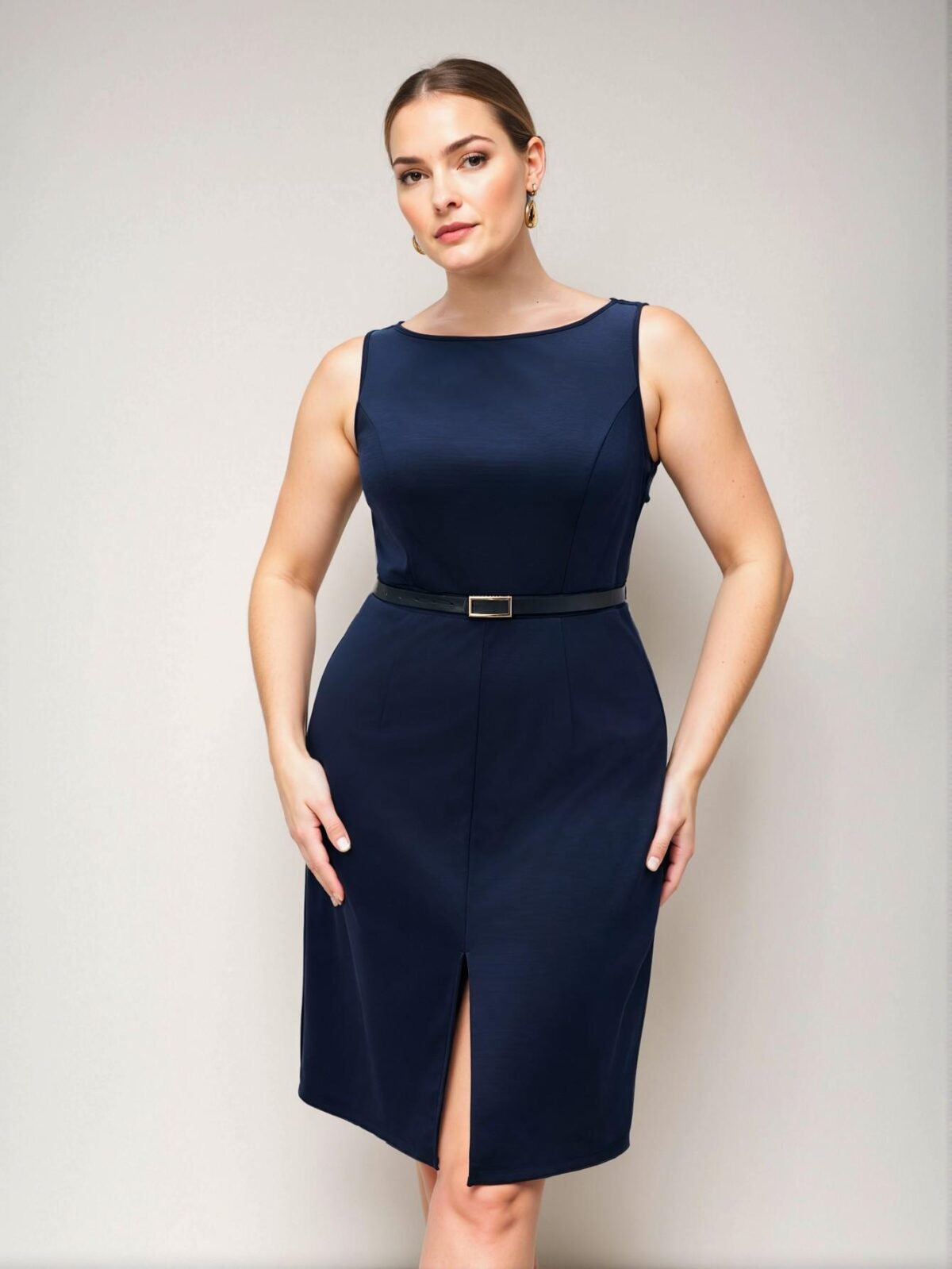 Elegant Navy Blue Stylish Waist-Cinched Dress for Daily, Business, and Casual Fall Outfits: Chic, Classy and Trendy Fashion Style to Dress to Impress