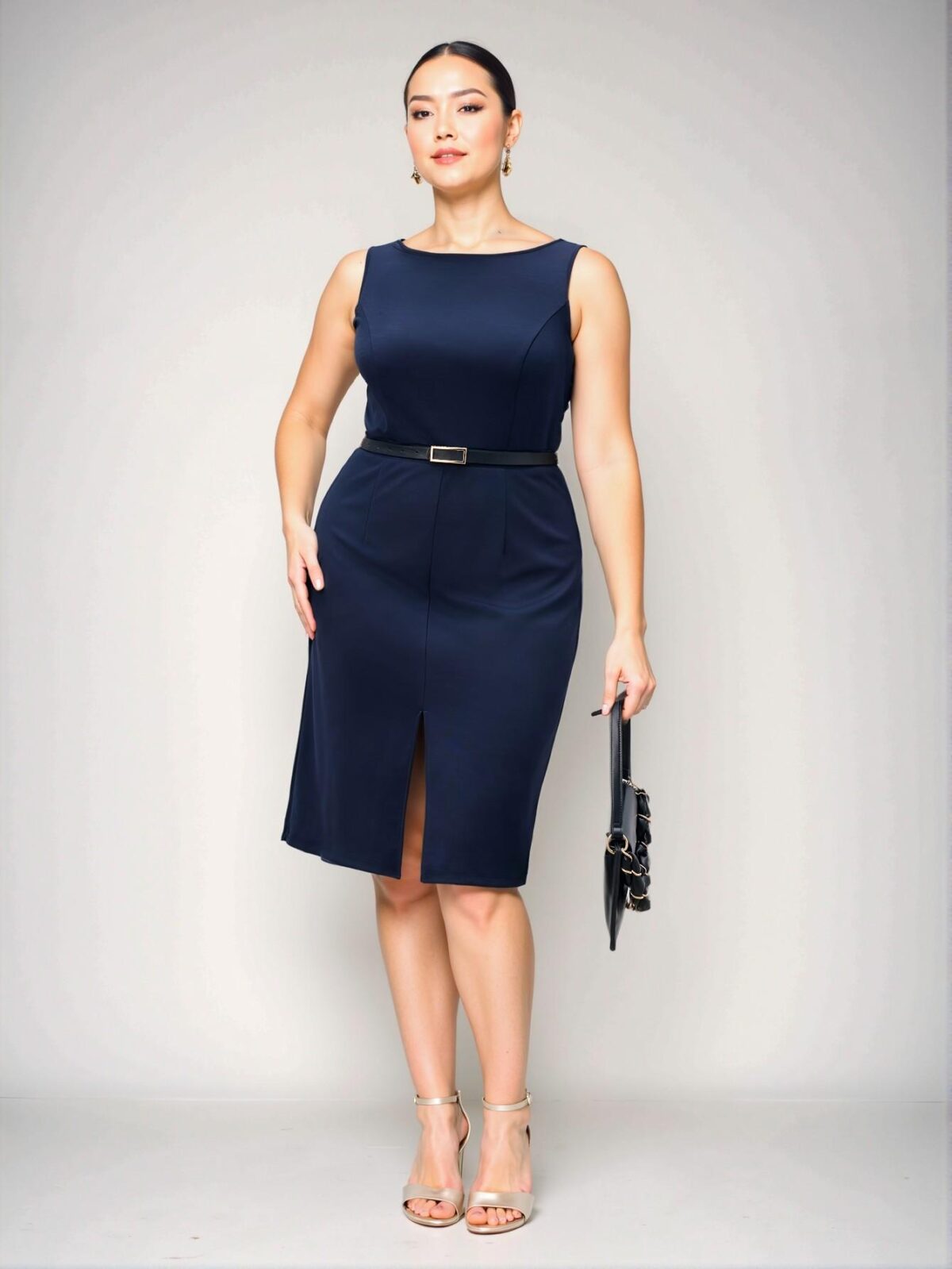 Elegant Navy Blue Stylish Waist-Cinched Dress for Daily, Business, and Casual Fall Outfits: Chic, Classy and Trendy Fashion Style to Dress to Impress - Image 3