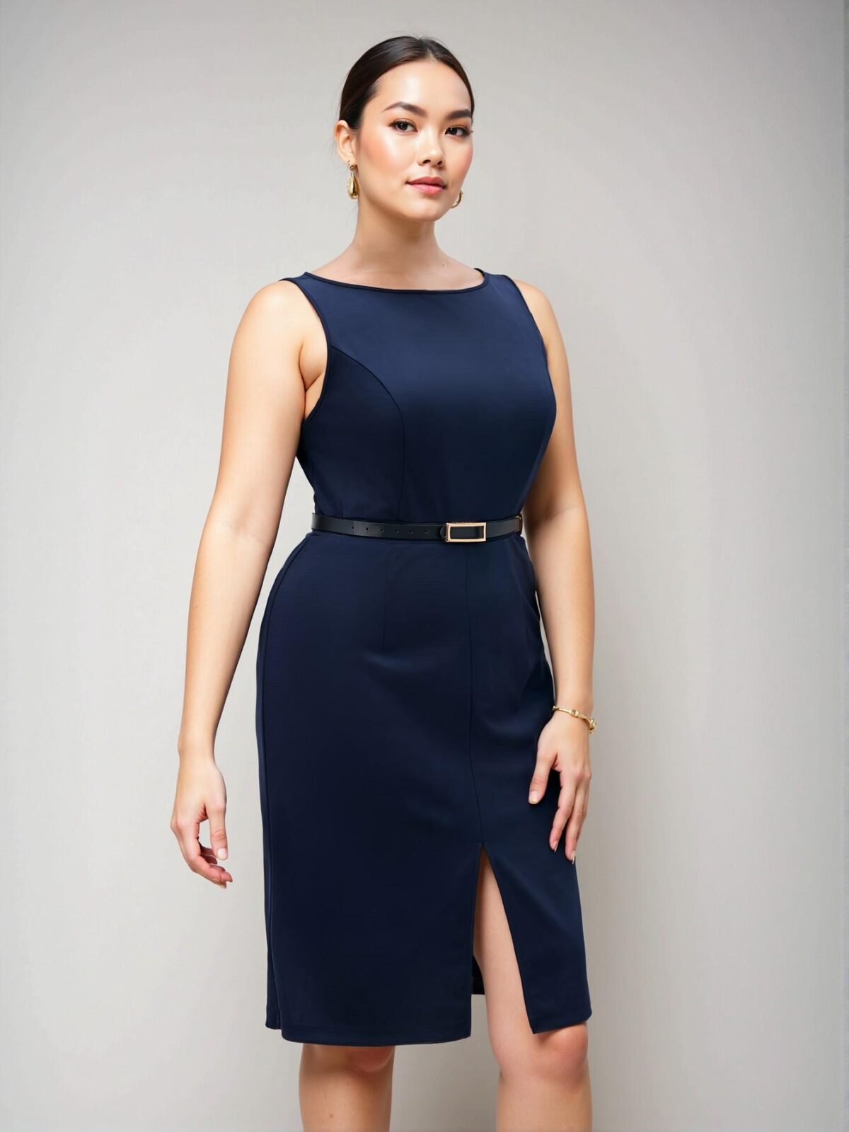 Elegant Navy Blue Stylish Waist-Cinched Dress for Daily, Business, and Casual Fall Outfits: Chic, Classy and Trendy Fashion Style to Dress to Impress - Image 5