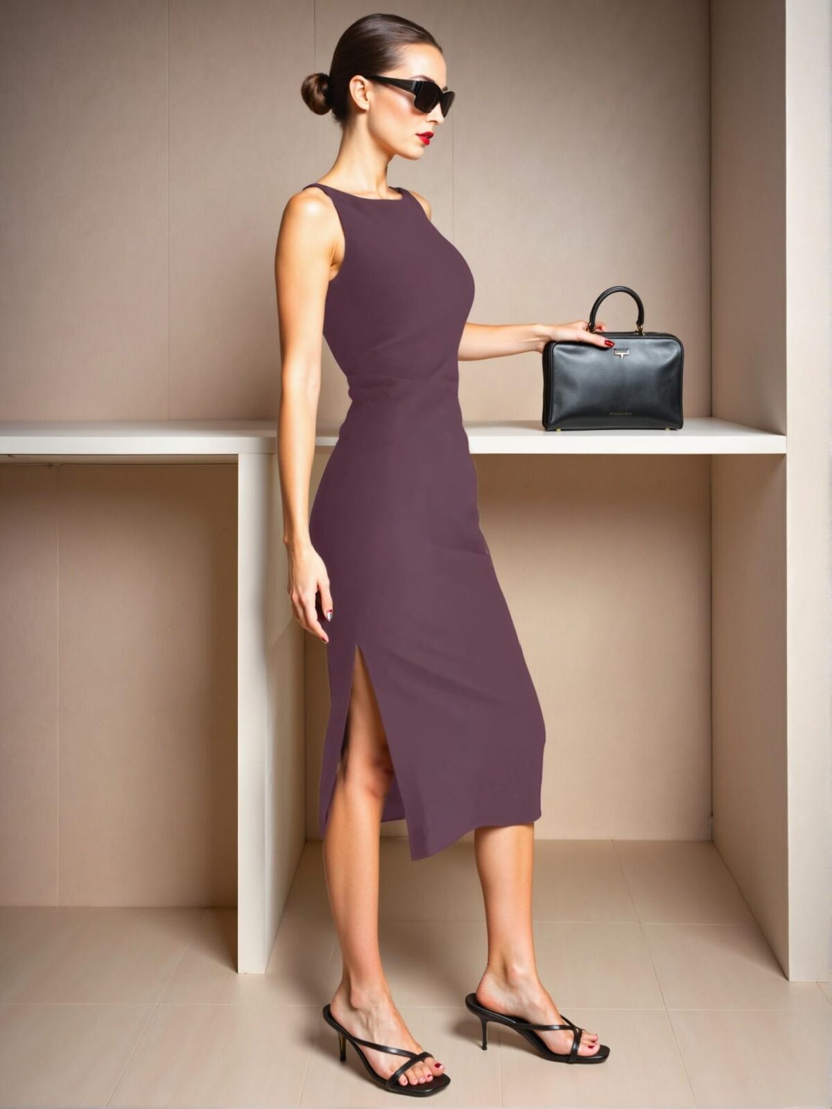 Elegant Purple Sophisticated Bodycon Midi Dress with Front Slit and Sleeveless Design for Spring and Summer - Chic, Classy and Trendy Fashion Style to Dress to Impress - Image 3