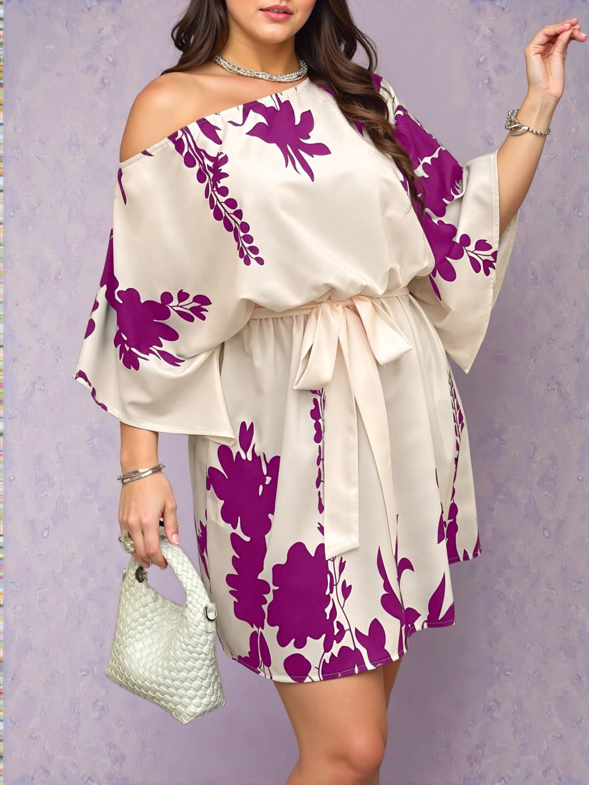 Stunning Multicolor Asymmetrical Neck Batwing Sleeve Dress with Stylish Plant Print - Chic, Classy and Trendy Fashion Style to Dress to Impress