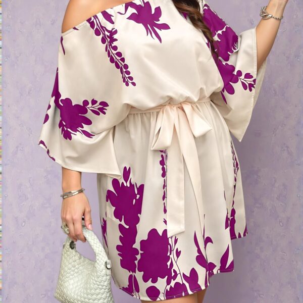 Stunning Multicolor Asymmetrical Neck Batwing Sleeve Dress with Stylish Plant Print - Chic, Classy and Trendy Fashion Style to Dress to Impress