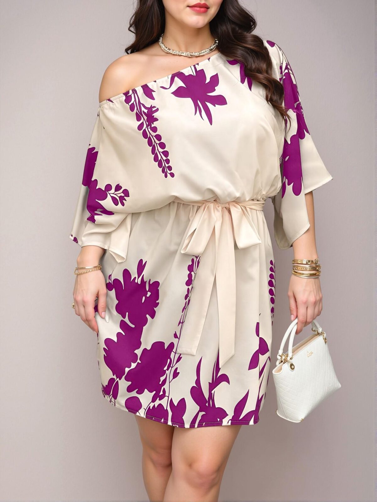 Stunning Multicolor Asymmetrical Neck Batwing Sleeve Dress with Stylish Plant Print - Chic, Classy and Trendy Fashion Style to Dress to Impress - Image 3