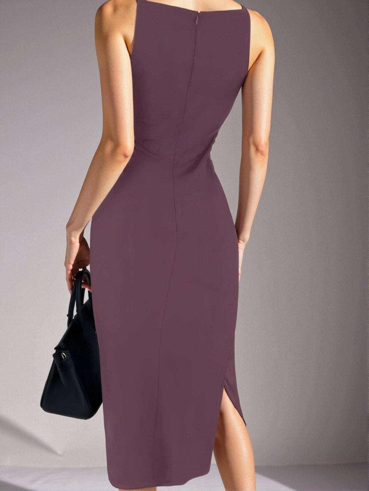 Elegant Purple Sophisticated Bodycon Midi Dress with Front Slit and Sleeveless Design for Spring and Summer - Chic, Classy and Trendy Fashion Style to Dress to Impress - Image 5
