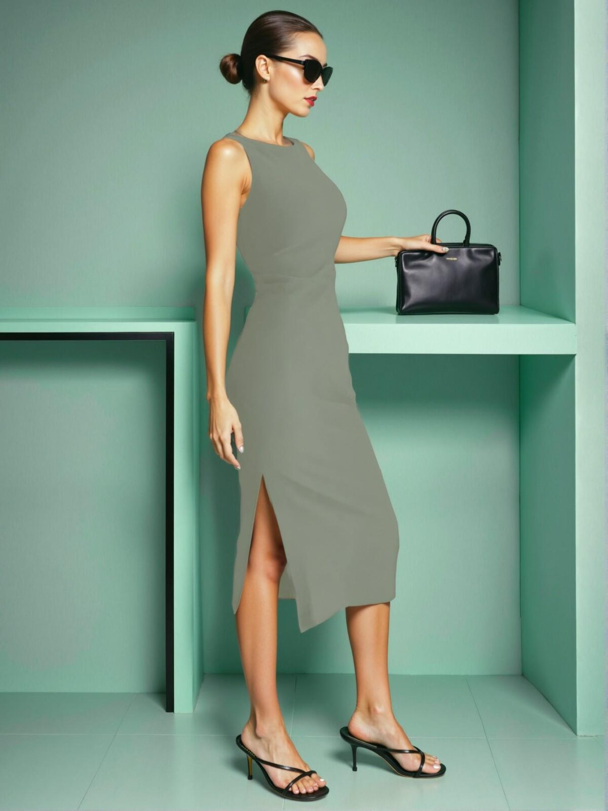 Elegant Green Tailored Waist Slit Midi Bodycon Dress for Spring and Summer - Chic, Classy and Trendy Fashion Style to Dress to Impress - Image 3