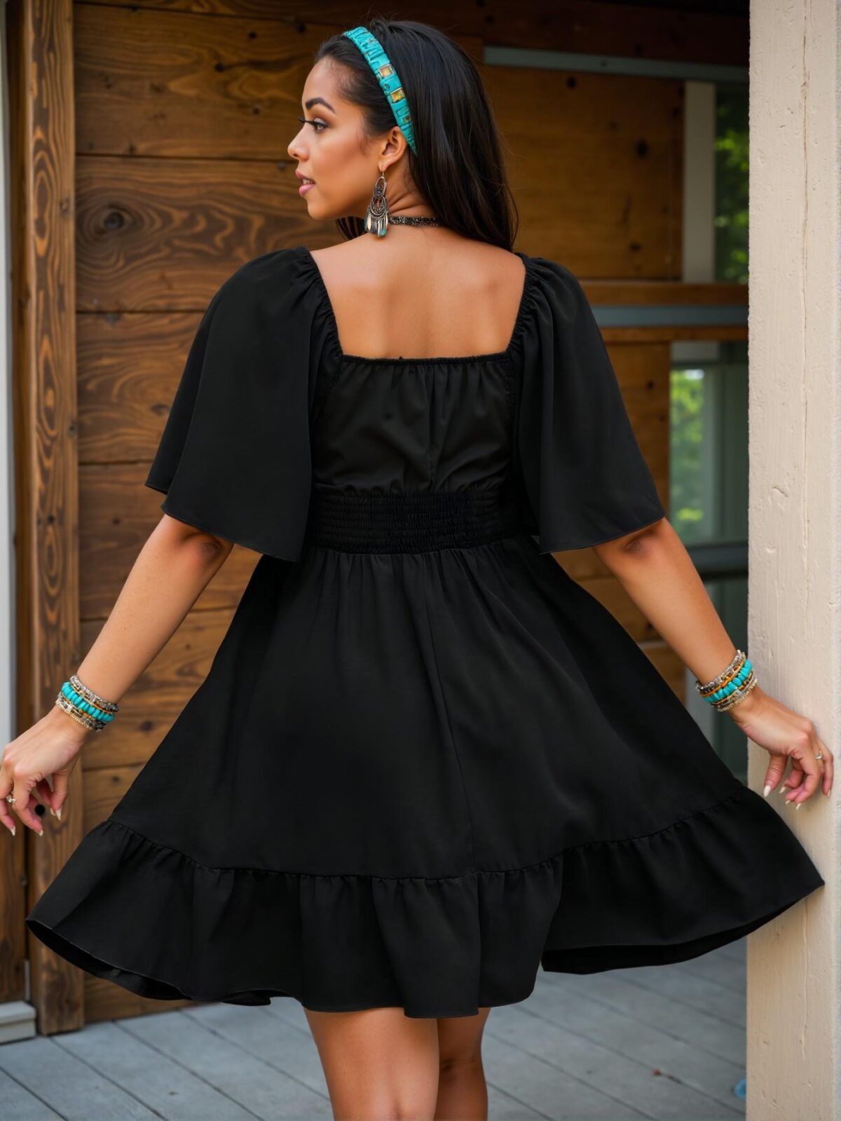Elegant Black Bohemian Style Embroidered Square Neck Ruffle Sleeve Dress Chic, Classy and Trendy Fashion Style to Dress to Impress - Image 2