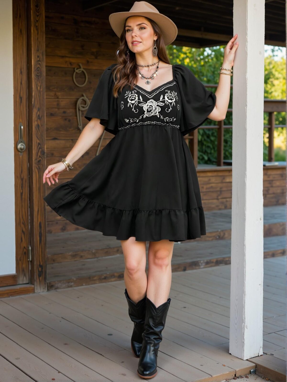 Elegant Black Bohemian Style Embroidered Square Neck Ruffle Sleeve Dress Chic, Classy and Trendy Fashion Style to Dress to Impress - Image 4