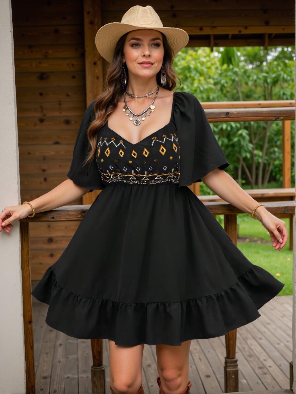Elegant Black Bohemian Inspired Embroidered Square Neck Flounce Sleeve Dress Chic, Classy and Trendy Fashion Style to Dress to Impress - Image 3
