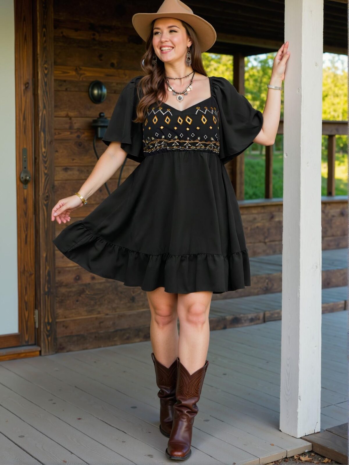 Elegant Black Bohemian Inspired Embroidered Square Neck Flounce Sleeve Dress Chic, Classy and Trendy Fashion Style to Dress to Impress - Image 4