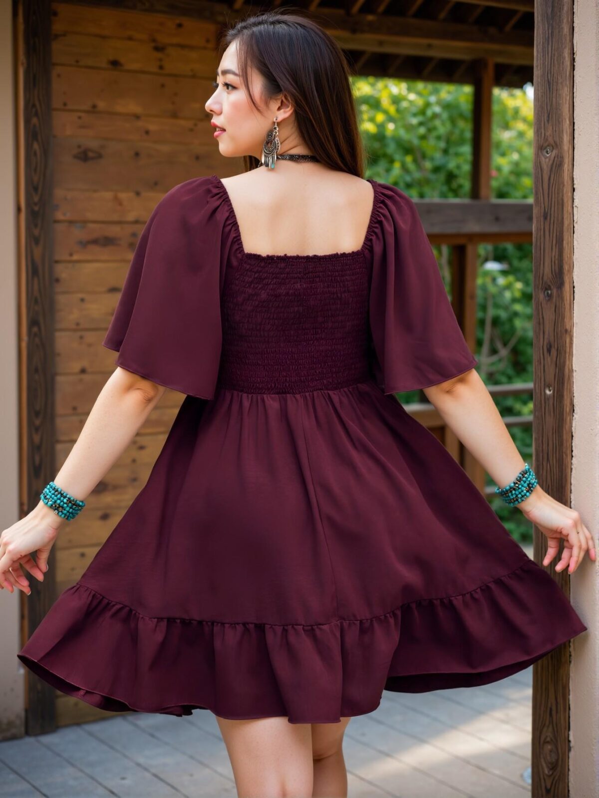 Elegant Burgundy Stylish Embroidered Ruffle Hem Bohemian A-Line Dress Chic, Classy and Trendy Fashion Style to Dress to Impress - Image 2