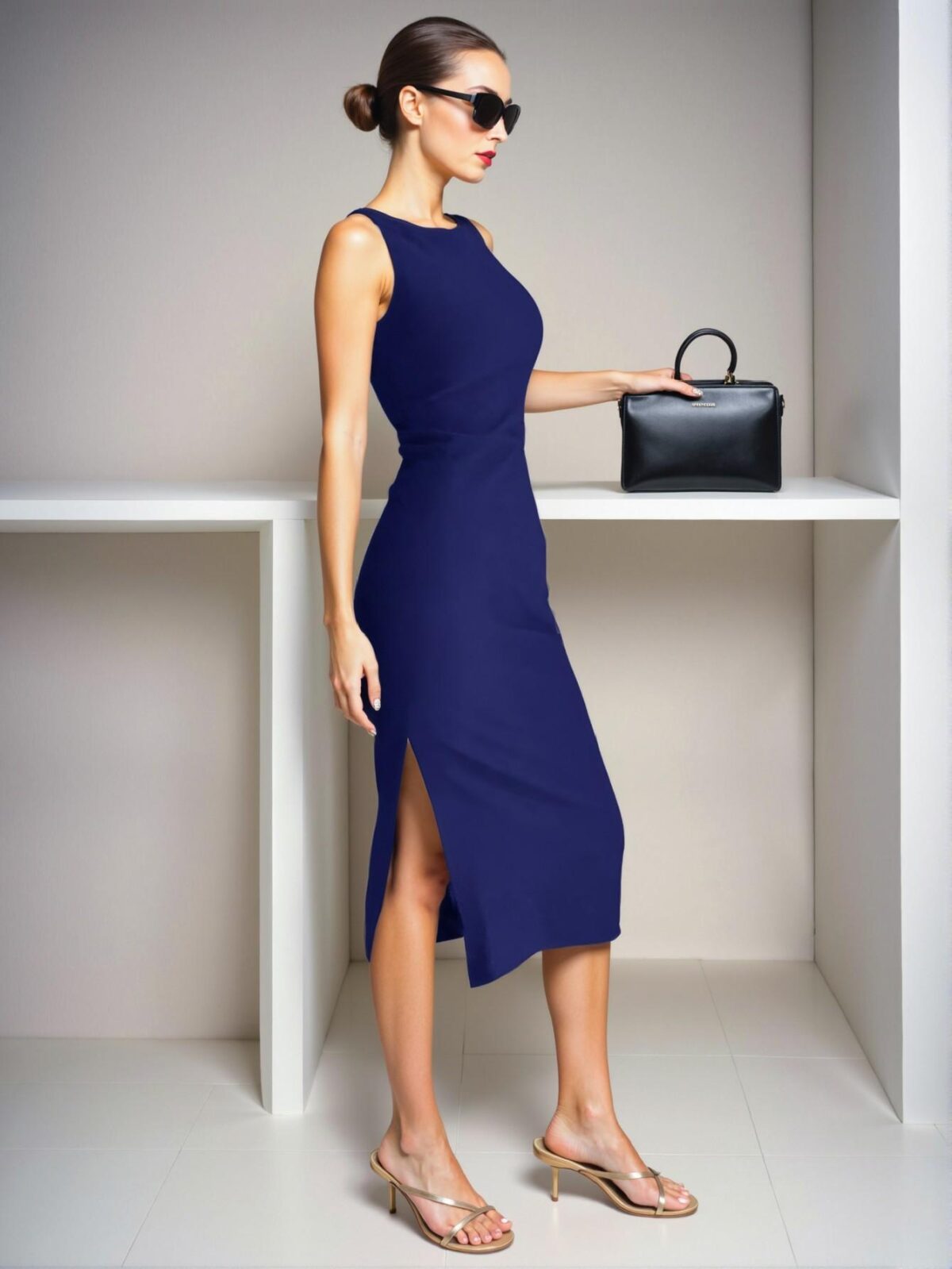 Elegant Blue Bodycon Midi Sundress with Side Split and Round Neck for Spring and Summer - Chic, Classy and Trendy Fashion Style to Dress to Impress - Image 3