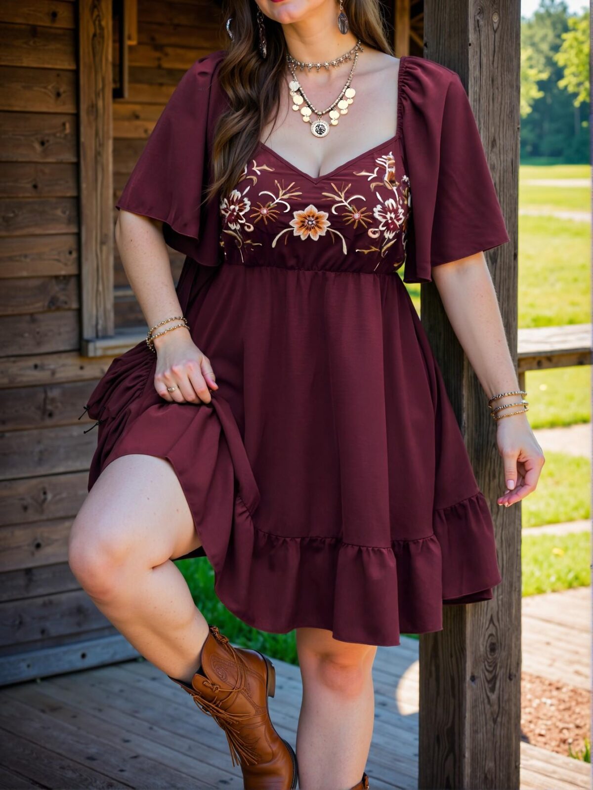 Elegant Burgundy Stylish Embroidered Ruffle Hem Bohemian A-Line Dress Chic, Classy and Trendy Fashion Style to Dress to Impress - Image 3
