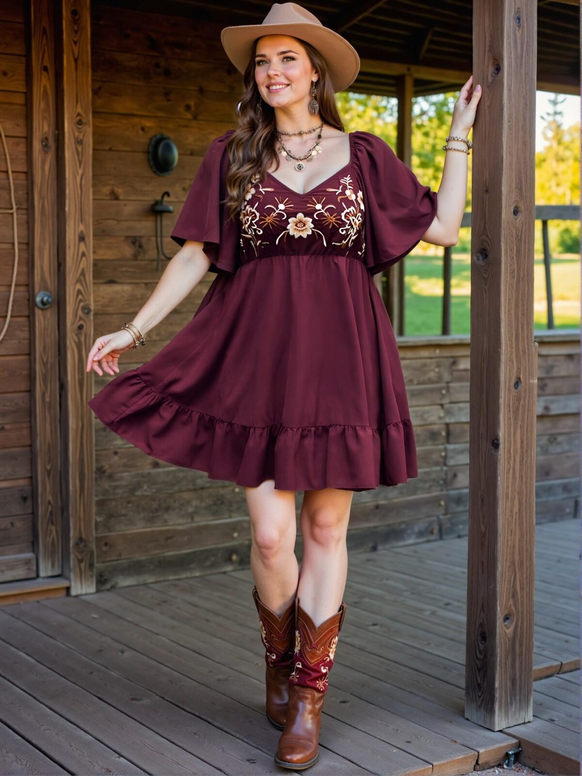 Elegant Burgundy Stylish Embroidered Ruffle Hem Bohemian A-Line Dress Chic, Classy and Trendy Fashion Style to Dress to Impress - Image 4