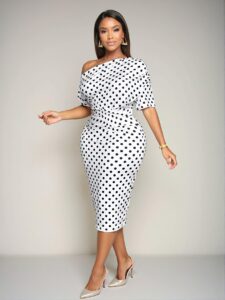 Elegant White Elegant Off-Shoulder Mid-Length Dress with Polka Dot Pattern and Ruched Detail for Spring and Summer Dates "Chic, Classy and Trendy Fashion Style to Dress to Impress"