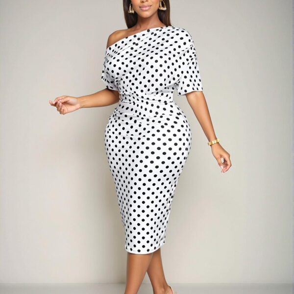 Elegant White Elegant Off-Shoulder Mid-Length Dress with Polka Dot Pattern and Ruched Detail for Spring and Summer Dates "Chic, Classy and Trendy Fashion Style to Dress to Impress"