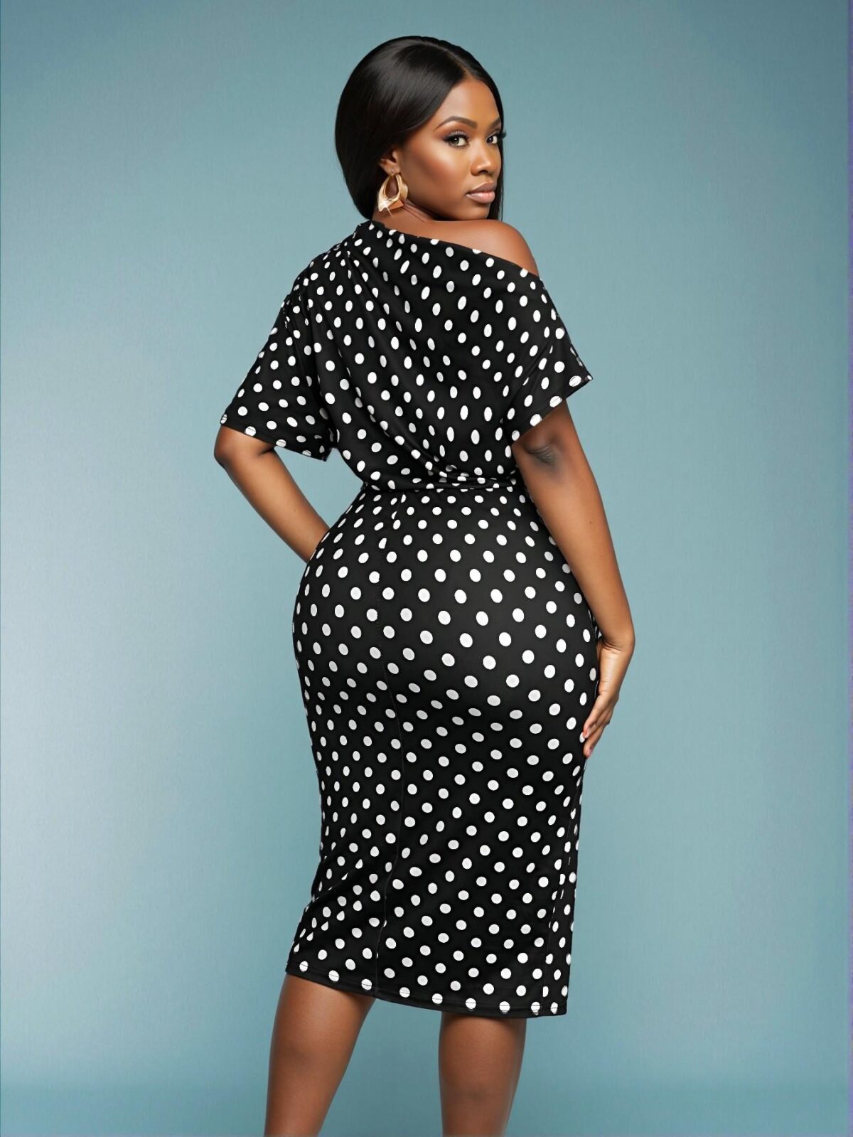 Elegant Black Off-Shoulder Bodycon Dress with Geometric Design - A Chic, Classy, and Trendy Fashion Style to Dress to Impress - Image 2