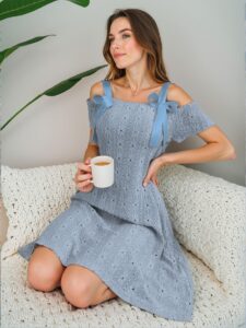 Elegant Blue V-Neck Short Sleeve Knit Jacquard Nightgown with Bowknot Detail for Warm Seasons - Chic, Classy and Trendy Fashion Style to Dress to Impress