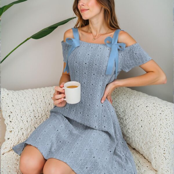 Elegant Blue V-Neck Short Sleeve Knit Jacquard Nightgown with Bowknot Detail for Warm Seasons - Chic, Classy and Trendy Fashion Style to Dress to Impress