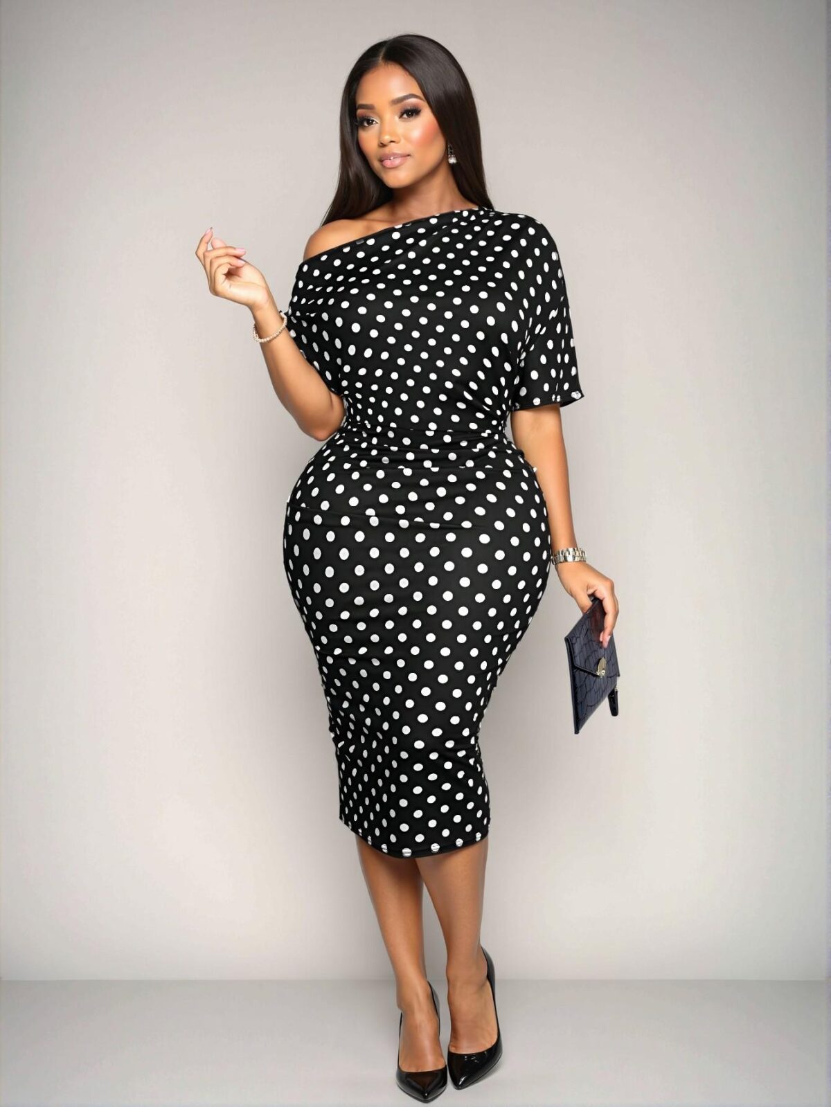 Elegant Black Off-Shoulder Bodycon Dress with Geometric Design - A Chic, Classy, and Trendy Fashion Style to Dress to Impress - Image 5