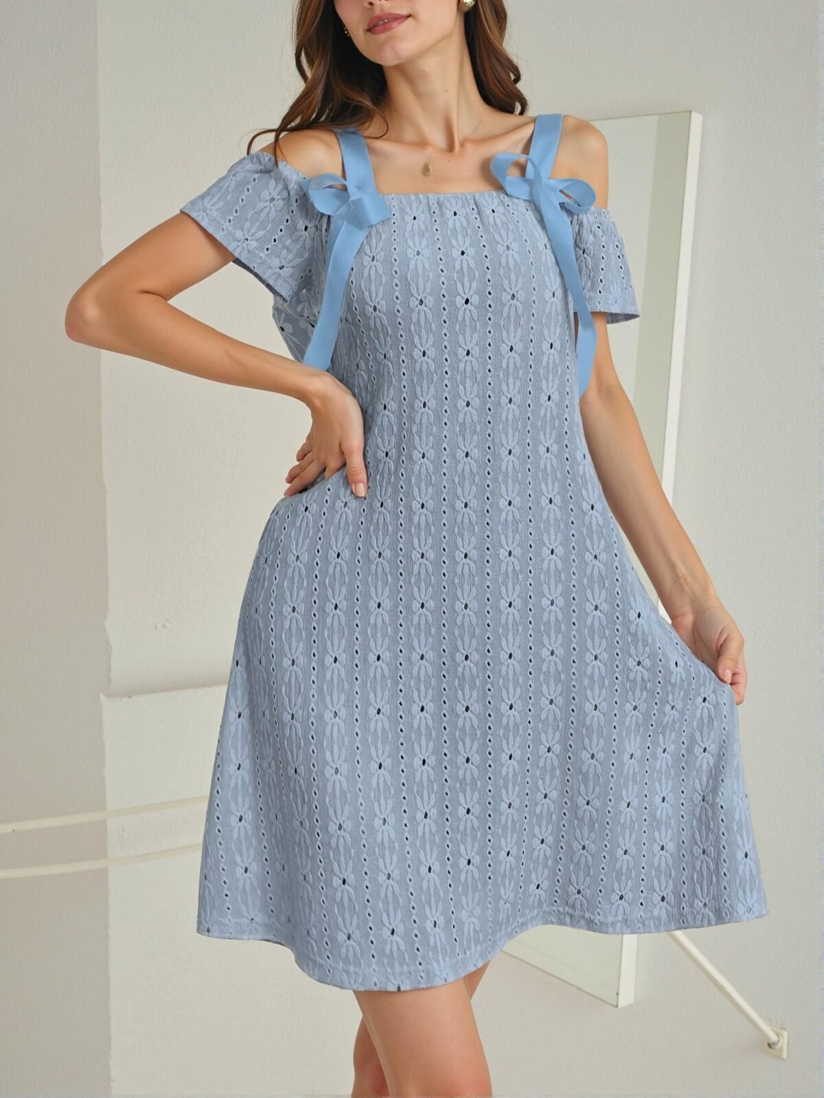 Elegant Blue V-Neck Short Sleeve Knit Jacquard Nightgown with Bowknot Detail for Warm Seasons - Chic, Classy and Trendy Fashion Style to Dress to Impress - Image 5