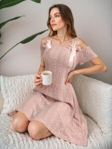 Elegant Baby Pink Cozy Jacquard Sleepwear Dress with Decorative Satin Bow and Short Sleeves, Ideal for Spring and Summer – Chic, Classy and Trendy Fashion Style to Dress to Impress.