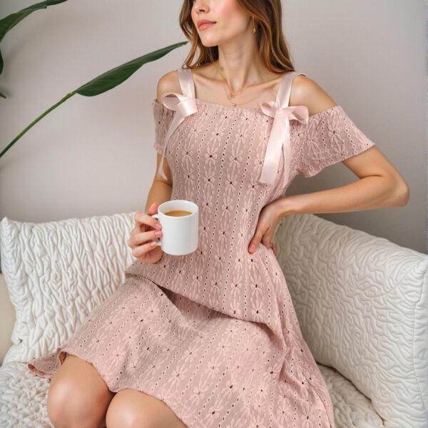 Elegant Baby Pink Cozy Jacquard Sleepwear Dress with Decorative Satin Bow and Short Sleeves, Ideal for Spring and Summer – Chic, Classy and Trendy Fashion Style to Dress to Impress.