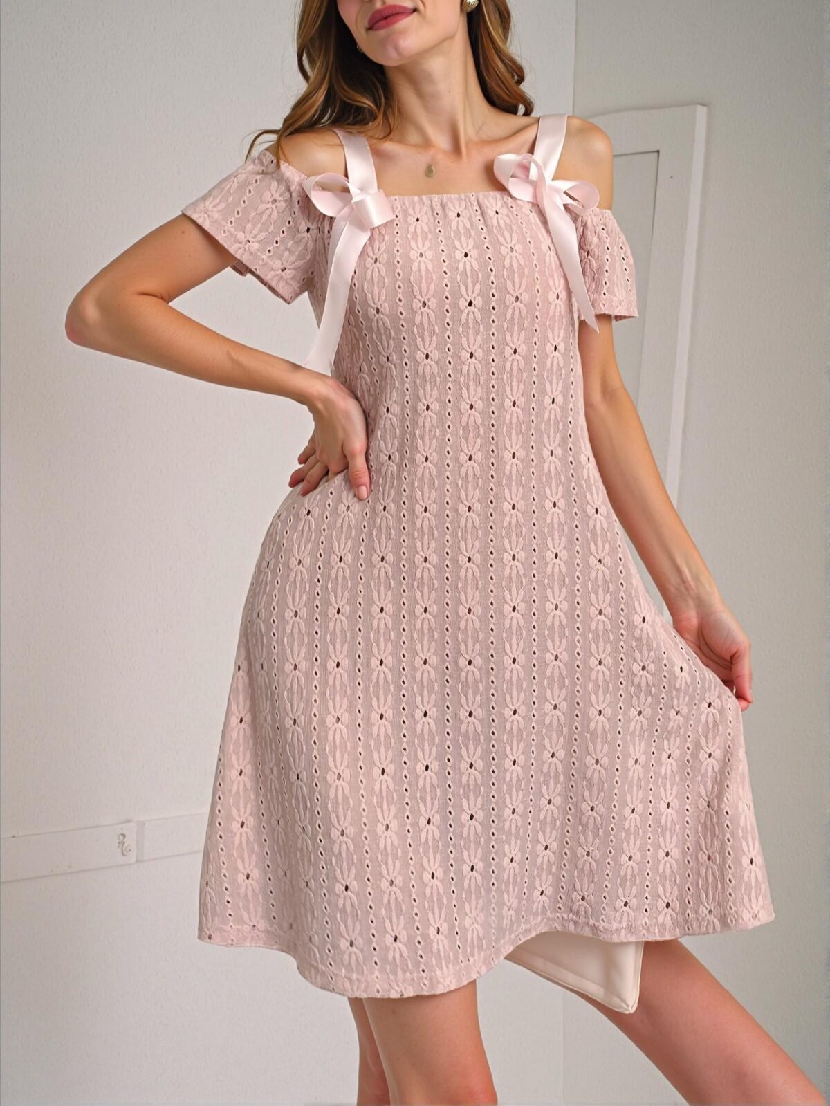 Elegant Baby Pink Cozy Jacquard Sleepwear Dress with Decorative Satin Bow and Short Sleeves, Ideal for Spring and Summer – Chic, Classy and Trendy Fashion Style to Dress to Impress. - Image 5