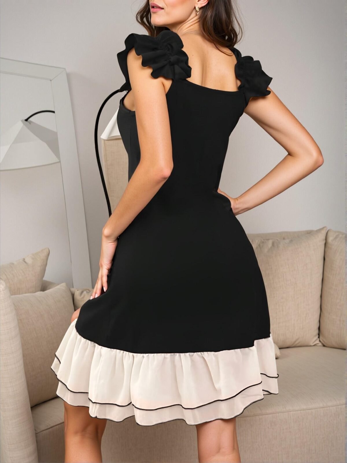 Elegant Black Sleeveless Chiffon Nightgown with Ruffle Trim for Spring and Summer Chic, Classy and Trendy Fashion Style to Dress to Impress - Image 2