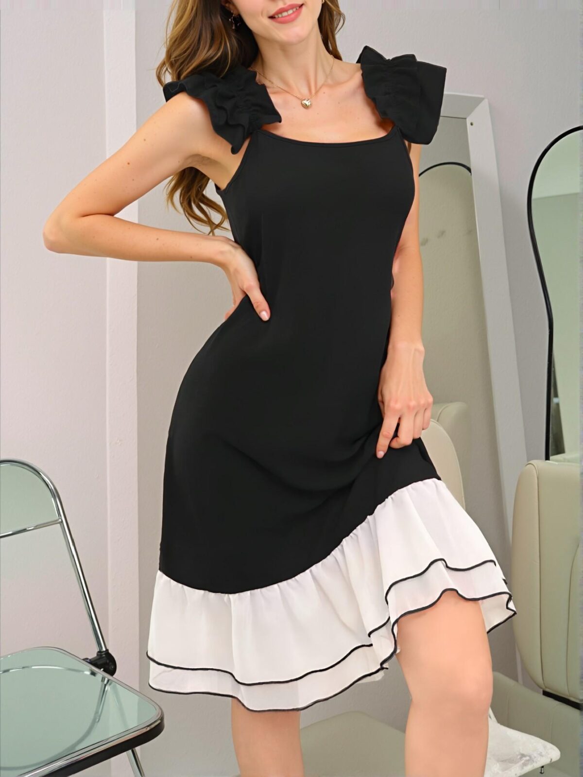 Elegant Black Sleeveless Chiffon Nightgown with Ruffle Trim for Spring and Summer Chic, Classy and Trendy Fashion Style to Dress to Impress - Image 5