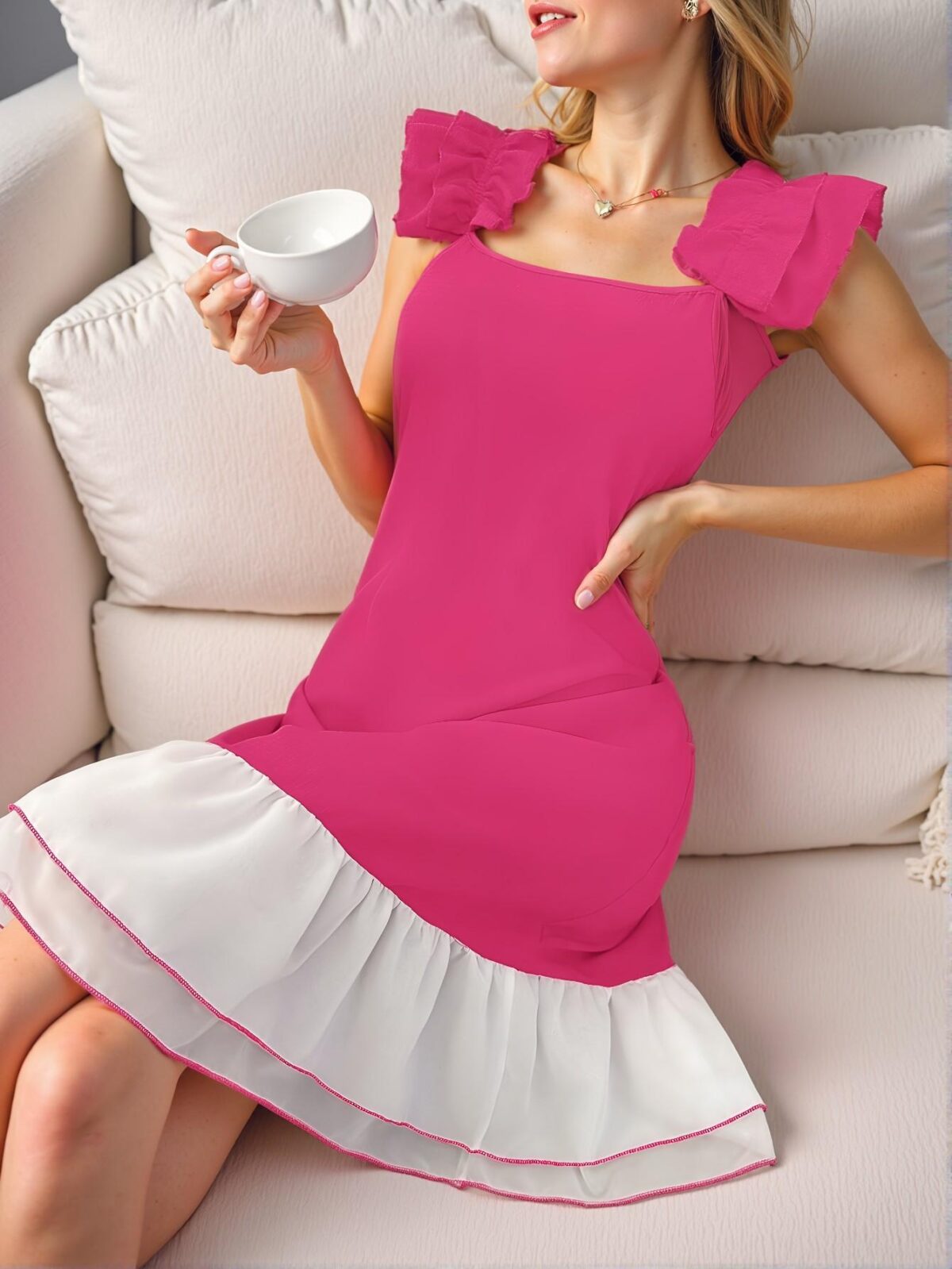 Elegant Hot Pink Chic Ruffle Trim & Flared Hem Sleeveless Sleep Dress for Spring and Summer - Chic, Classy and Trendy Fashion Style to Dress to Impress - Image 3
